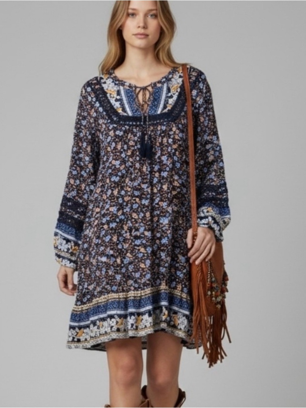 Sundance Navy Floral Long-Sleeve Boho Dress